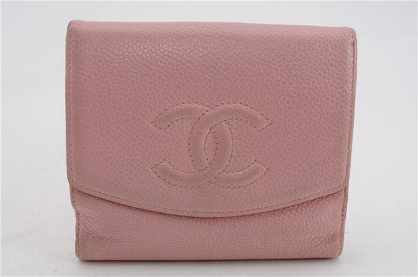 Authentic CHANEL Caviar Skin CoCo Mark Bifold Wallet Purse Pink 4615C