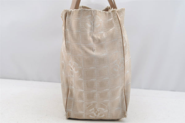 Authentic CHANEL New Travel Line Shoulder Tote Bag Nylon Leather Beige 4615I