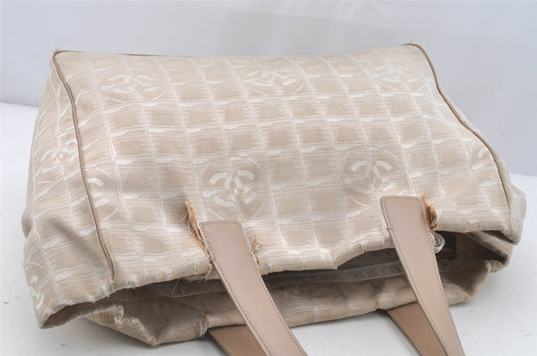 Authentic CHANEL New Travel Line Shoulder Tote Bag Nylon Leather Beige 4615I