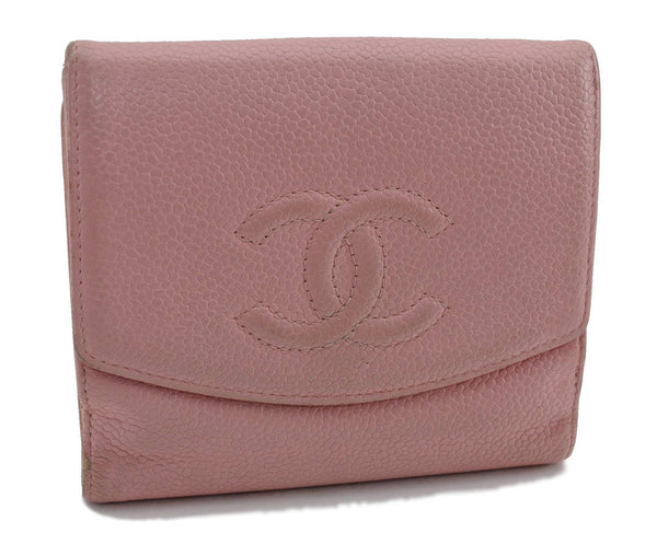 Authentic CHANEL Caviar Skin CoCo Mark Bifold Wallet Purse Pink 4615C