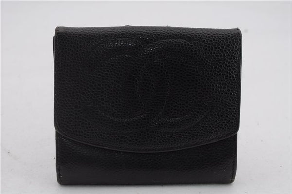 Authentic CHANEL Caviar Skin CoCo Mark Bifold Wallet Purse Black 4618C