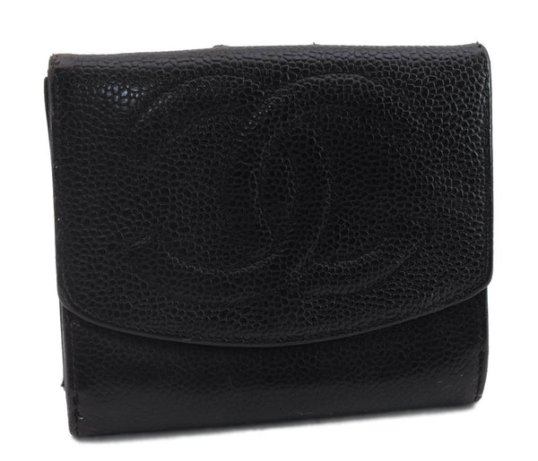 Authentic CHANEL Caviar Skin CoCo Mark Bifold Wallet Purse Black 4618C