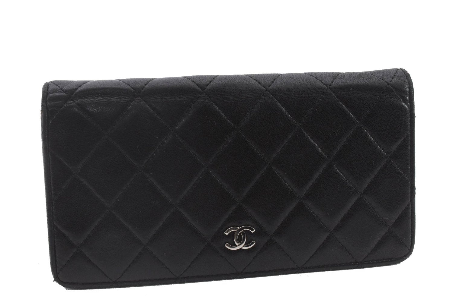 Authentic CHANEL Lamb Skin Matelasse Bifold Long Wallet Purse Black CC 4621C