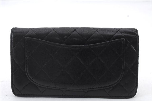 Authentic CHANEL Lamb Skin Matelasse Bifold Long Wallet Purse Black CC 4621C