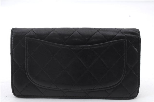 Authentic CHANEL Lamb Skin Matelasse Bifold Long Wallet Purse Black CC 4621C