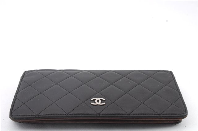 Authentic CHANEL Lamb Skin Matelasse Bifold Long Wallet Purse Black CC 4621C