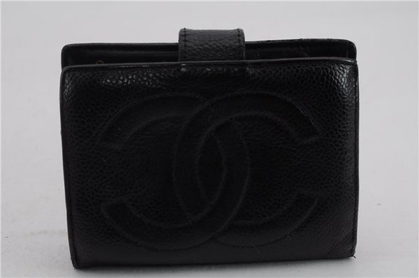 Authentic CHANEL Caviar Skin CoCo Mark Bifold Wallet Purse Black 4622C