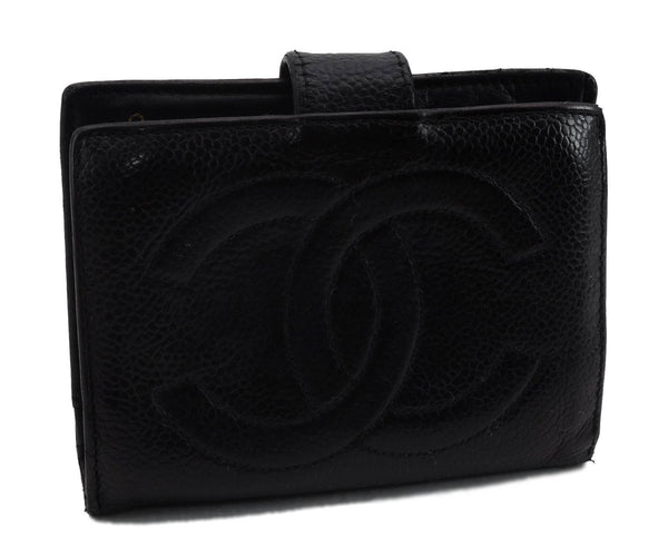 Authentic CHANEL Caviar Skin CoCo Mark Bifold Wallet Purse Black 4622C