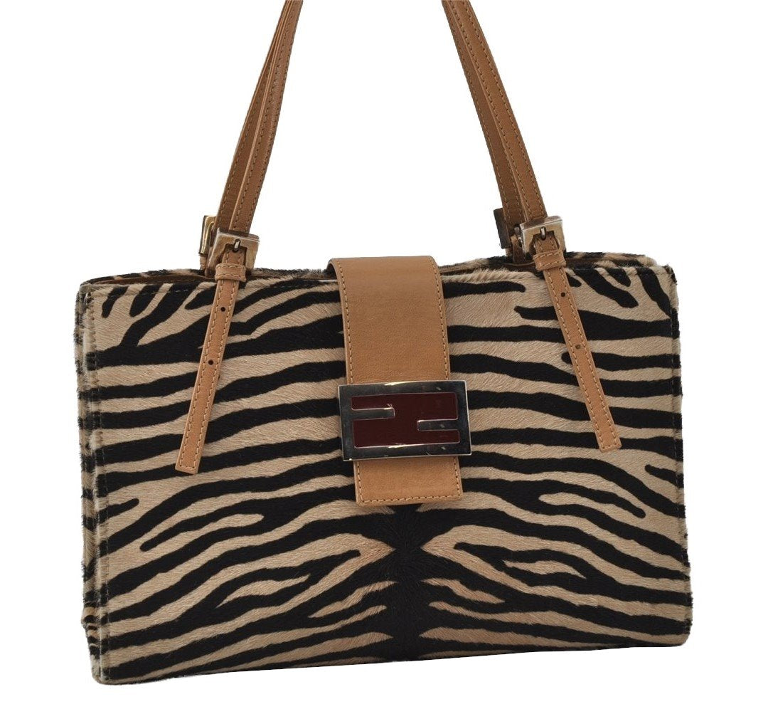Authentic FENDI Zebra Pattern Hand Bag Purse Unborn Calf Leather Beige 4623I