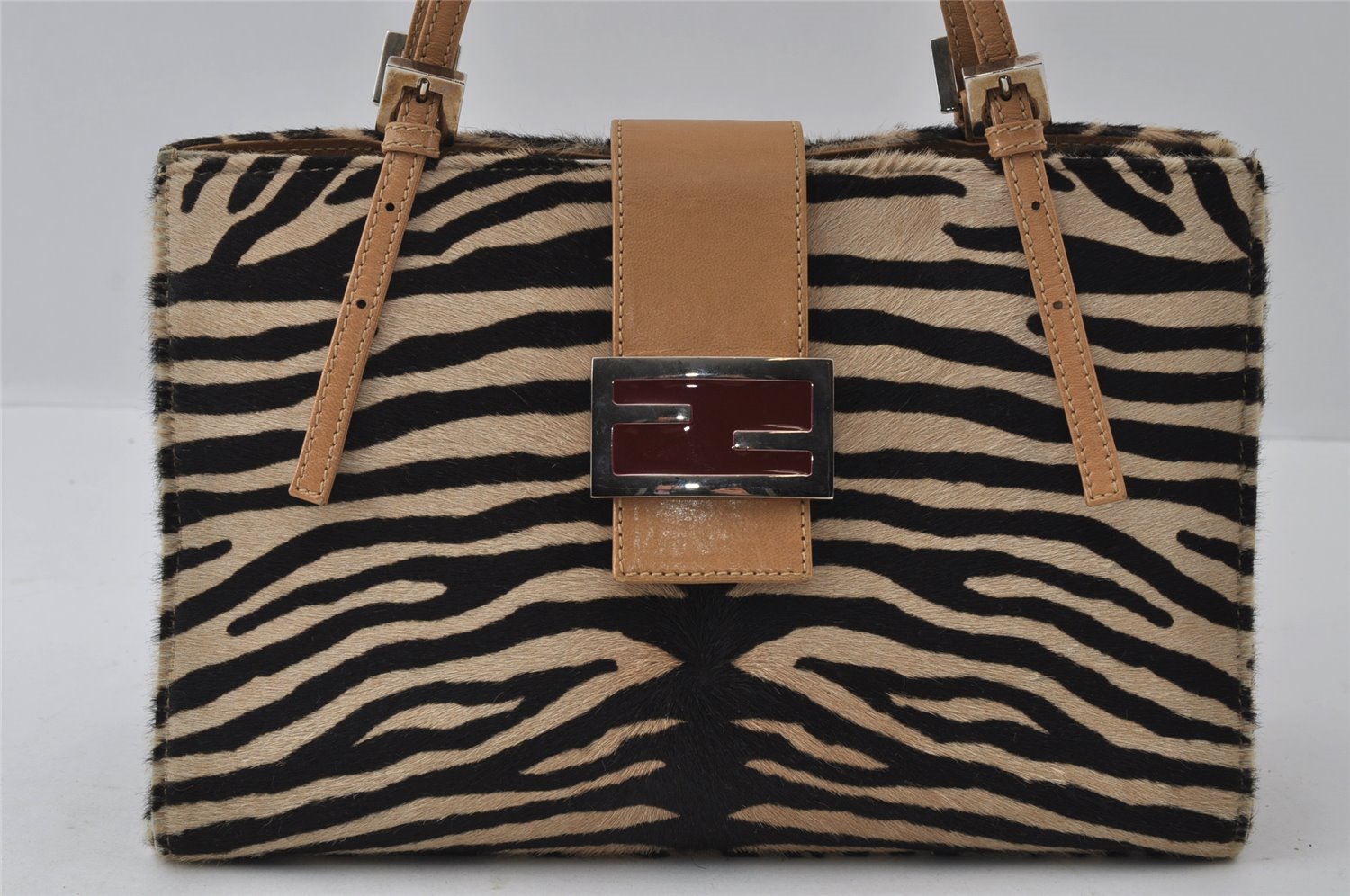 Authentic FENDI Zebra Pattern Hand Bag Purse Unborn Calf Leather Beige 4623I