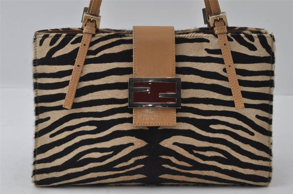 Authentic FENDI Zebra Pattern Hand Bag Purse Unborn Calf Leather Beige 4623I