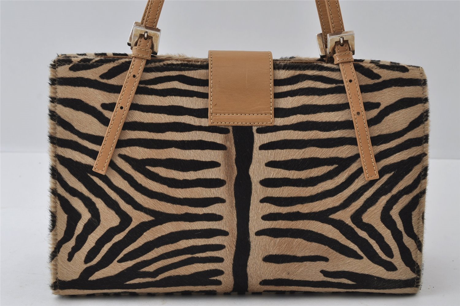 Authentic FENDI Zebra Pattern Hand Bag Purse Unborn Calf Leather Beige 4623I