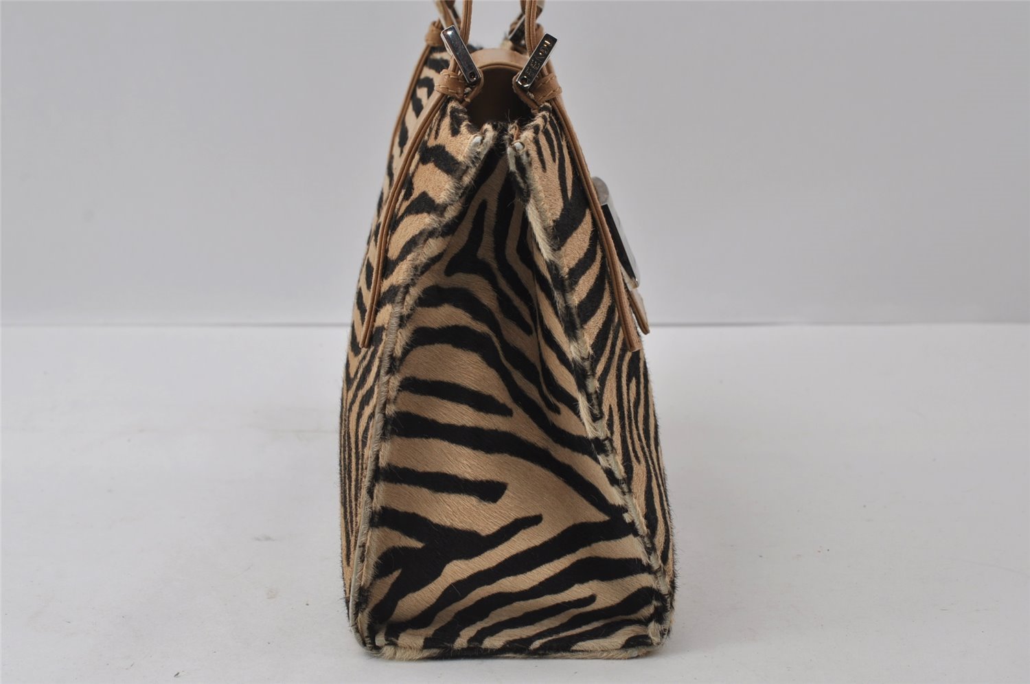 Authentic FENDI Zebra Pattern Hand Bag Purse Unborn Calf Leather Beige 4623I
