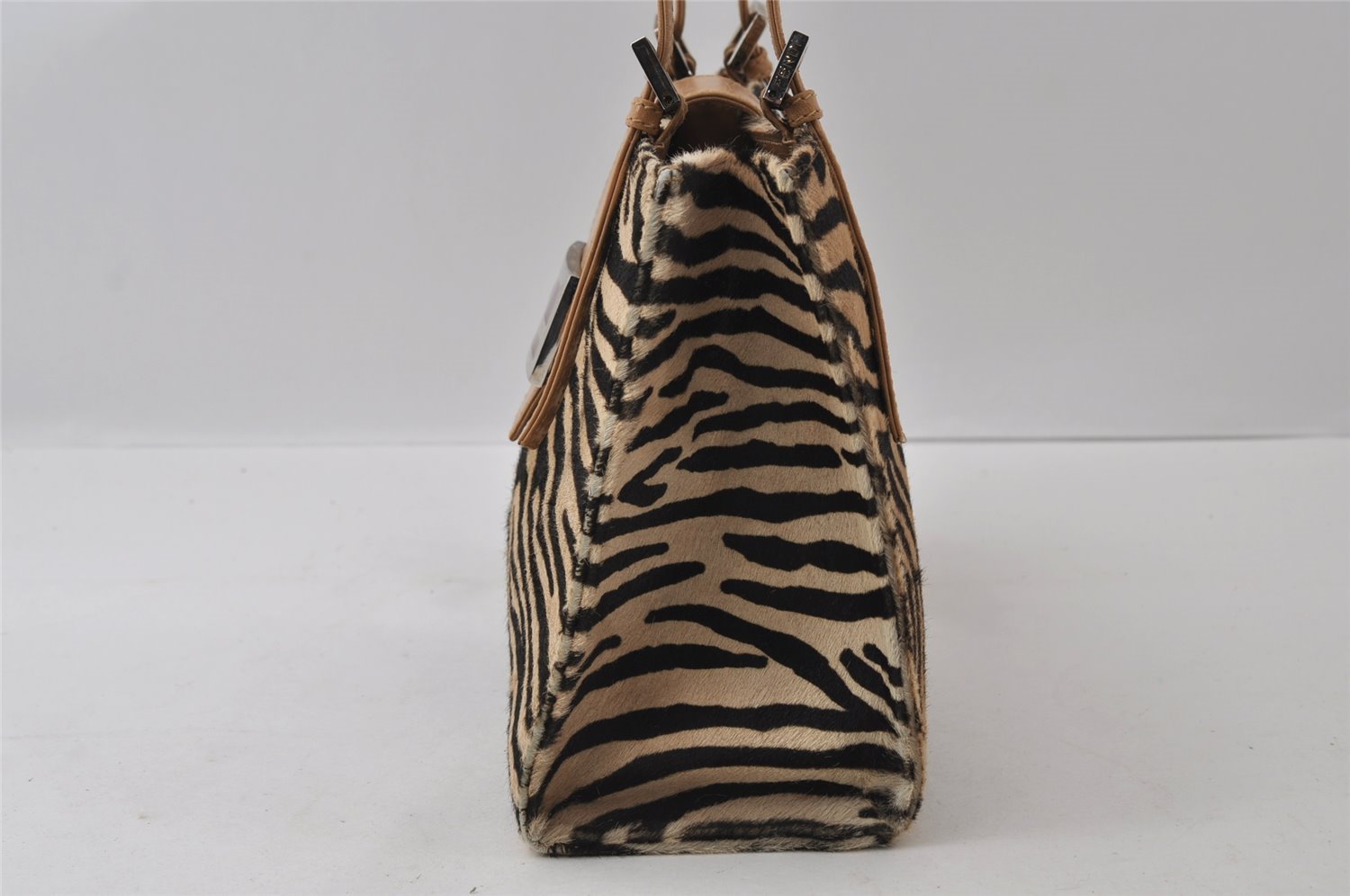 Authentic FENDI Zebra Pattern Hand Bag Purse Unborn Calf Leather Beige 4623I