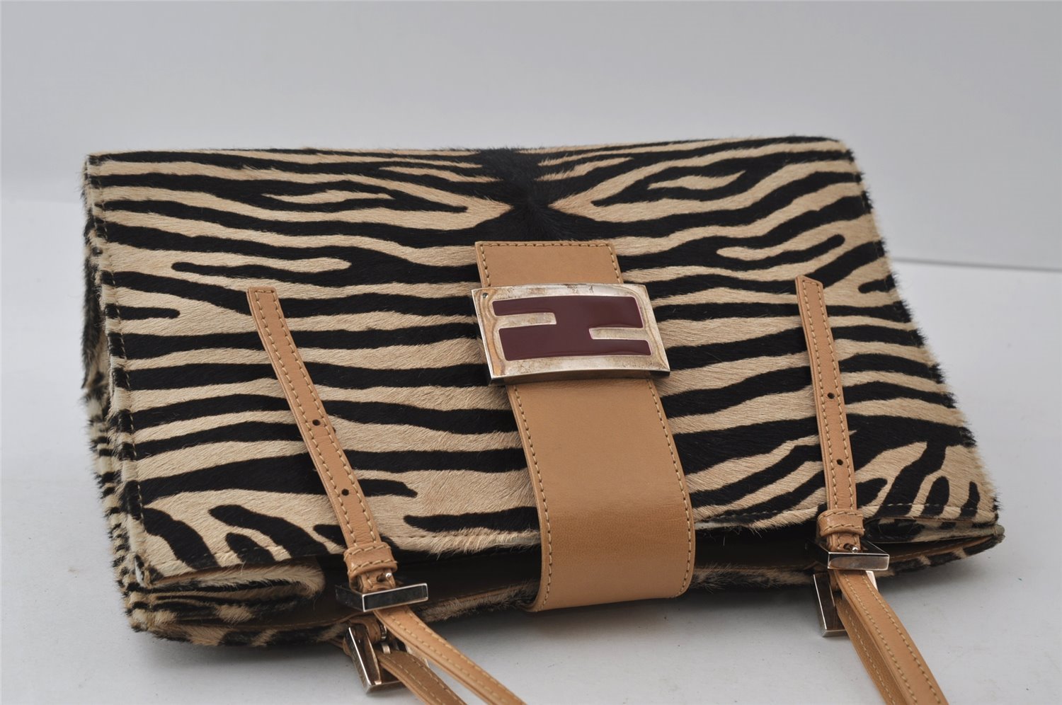 Authentic FENDI Zebra Pattern Hand Bag Purse Unborn Calf Leather Beige 4623I