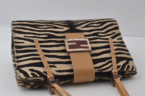 Authentic FENDI Zebra Pattern Hand Bag Purse Unborn Calf Leather Beige 4623I