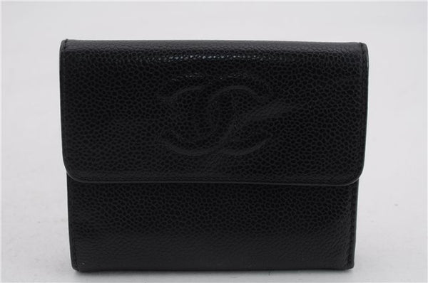 Authentic CHANEL Caviar Skin CoCo Mark Bifold Wallet Purse Black 4626C