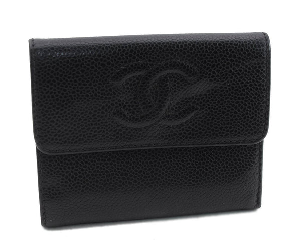 Authentic CHANEL Caviar Skin CoCo Mark Bifold Wallet Purse Black 4626C