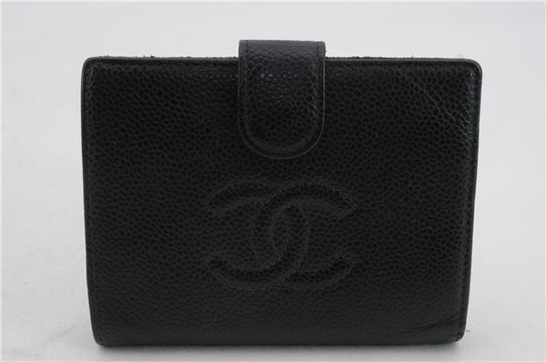 Authentic CHANEL Caviar Skin CoCo Mark Bifold Wallet Purse Black 4627C