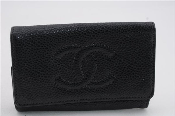 Authentic CHANEL Caviar Skin Key Case CoCo Mark Black 4628C