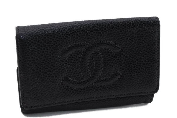 Authentic CHANEL Caviar Skin Key Case CoCo Mark Black 4628C