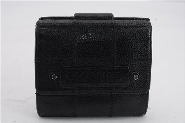 Authentic CHANEL Caviar Skin Chocolate Bar Biford Wallet Purse Black 4631C