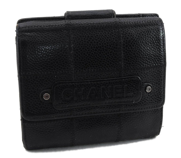 Authentic CHANEL Caviar Skin Chocolate Bar Biford Wallet Purse Black 4631C