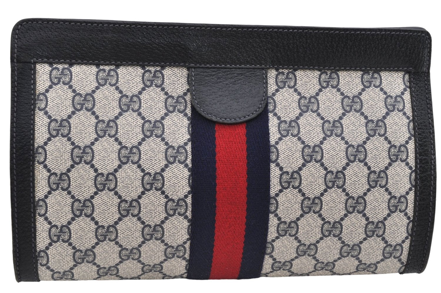 Authentic GUCCI Sherry Line Clutch Hand Bag Purse GG PVC Leather Navy Blue 4635E