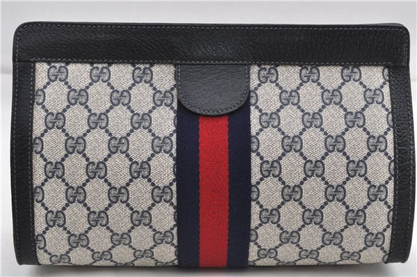 Authentic GUCCI Sherry Line Clutch Hand Bag Purse GG PVC Leather Navy Blue 4635E