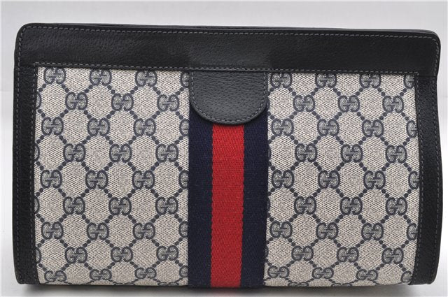 Authentic GUCCI Sherry Line Clutch Hand Bag Purse GG PVC Leather Navy Blue 4635E