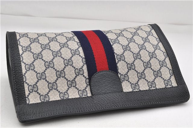 Authentic GUCCI Sherry Line Clutch Hand Bag Purse GG PVC Leather Navy Blue 4635E