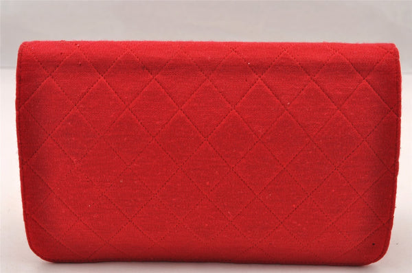 Authentic CHANEL Vintage Cotton Matelasse Chain Shoulder Bag Purse Red CC 4636I