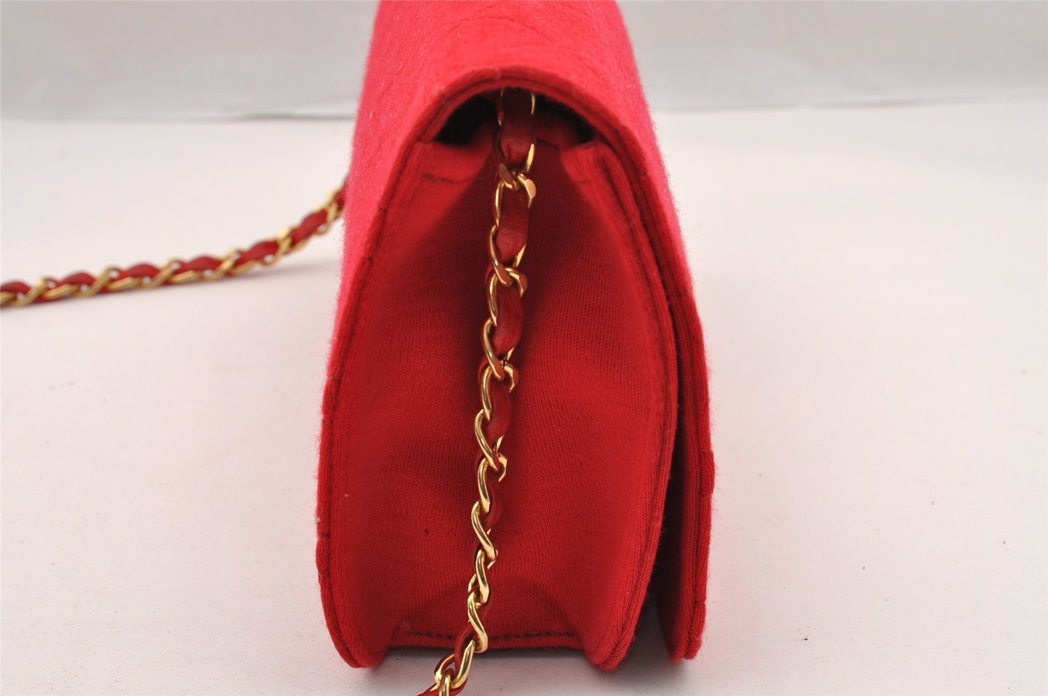 Authentic CHANEL Vintage Cotton Matelasse Chain Shoulder Bag Purse Red CC 4636I