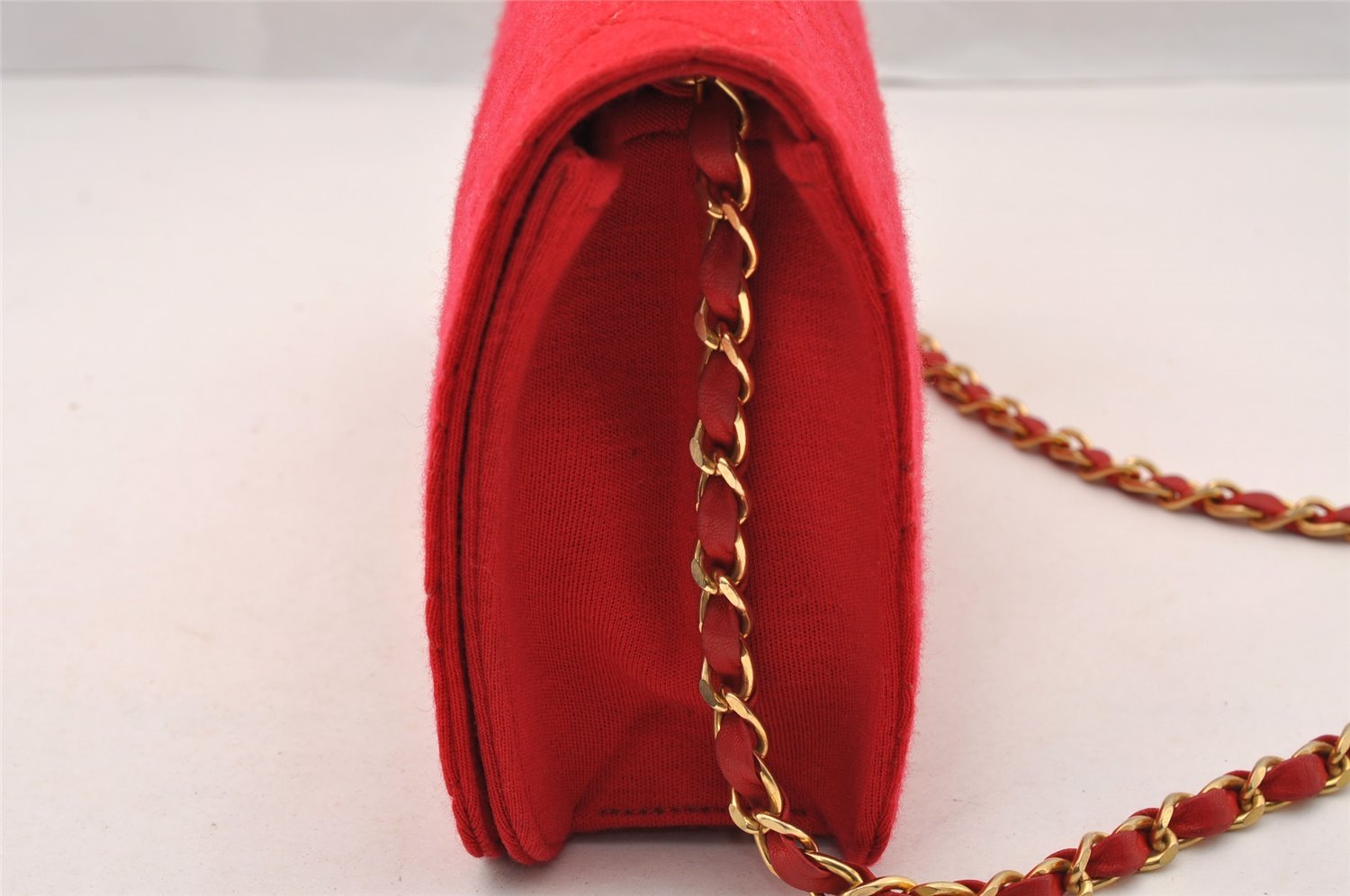 Authentic CHANEL Vintage Cotton Matelasse Chain Shoulder Bag Purse Red CC 4636I