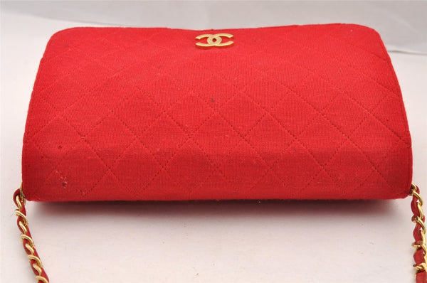 Authentic CHANEL Vintage Cotton Matelasse Chain Shoulder Bag Purse Red CC 4636I