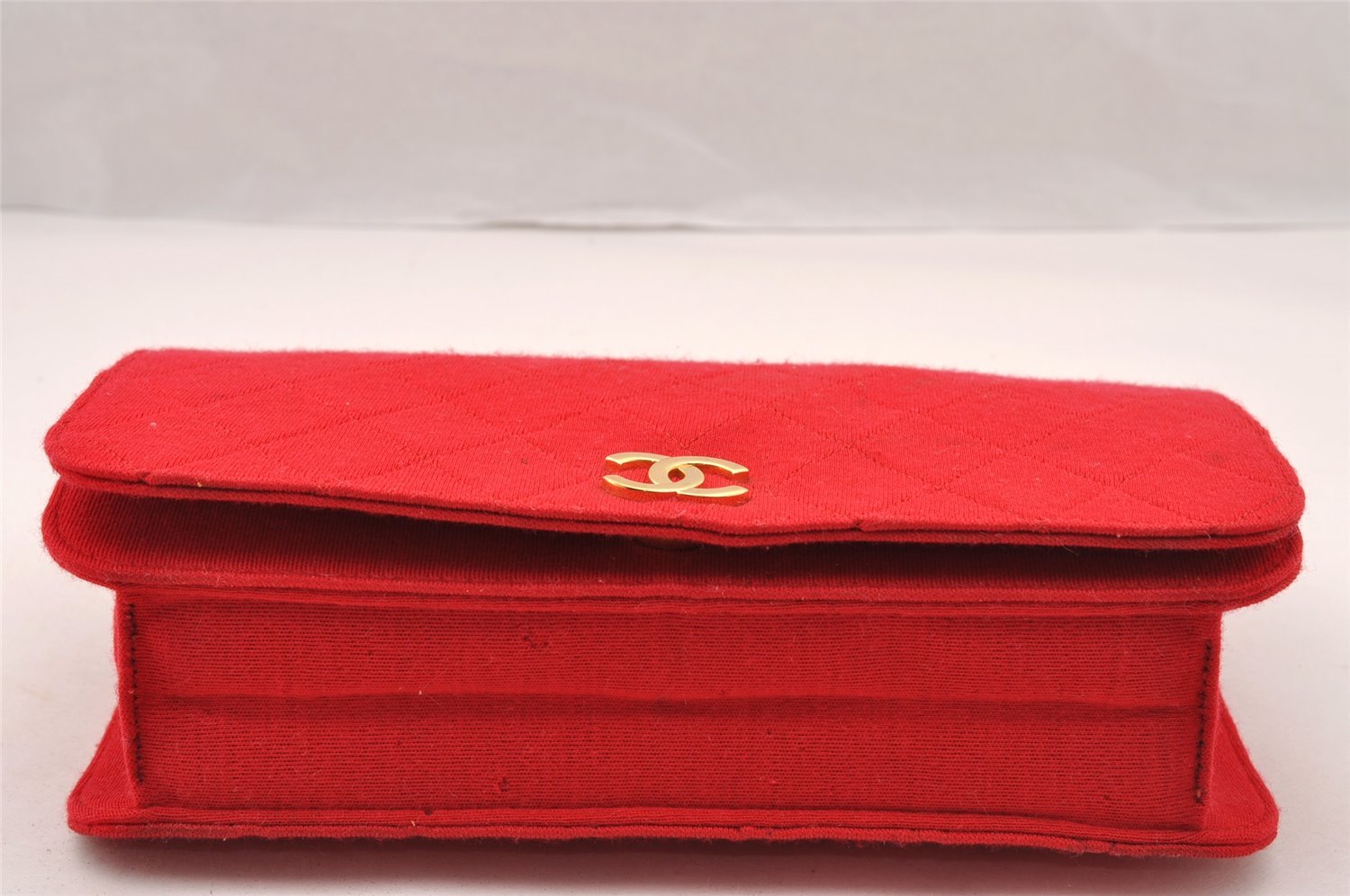 Authentic CHANEL Vintage Cotton Matelasse Chain Shoulder Bag Purse Red CC 4636I