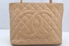 Authentic CHANEL Caviar Skin Medallion CC Logo Shoulder Tote Bag Beige 4639I