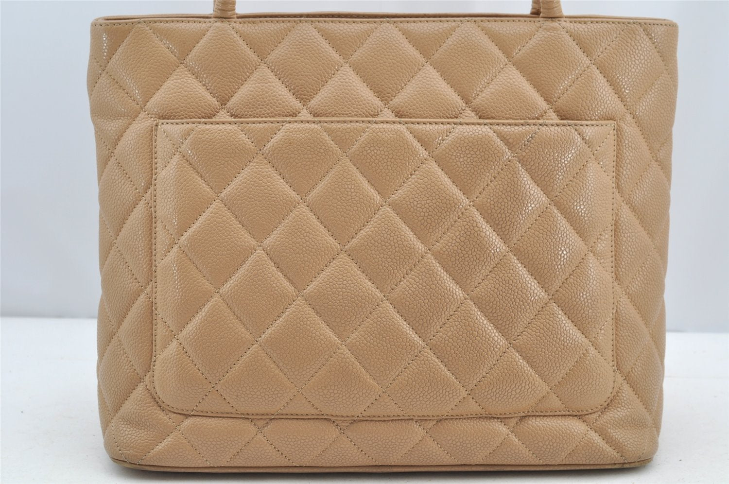 Authentic CHANEL Caviar Skin Medallion CC Logo Shoulder Tote Bag Beige 4639I