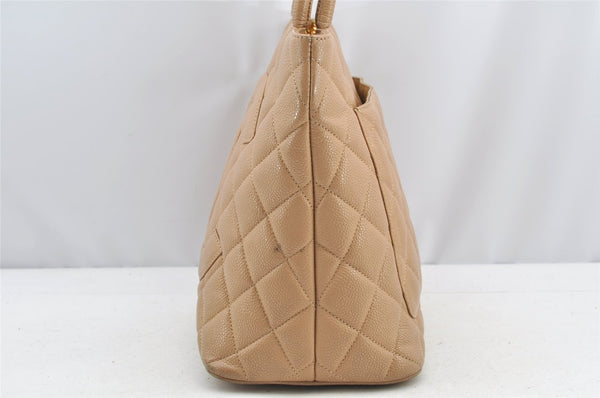 Authentic CHANEL Caviar Skin Medallion CC Logo Shoulder Tote Bag Beige 4639I