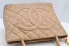 Authentic CHANEL Caviar Skin Medallion CC Logo Shoulder Tote Bag Beige 4639I