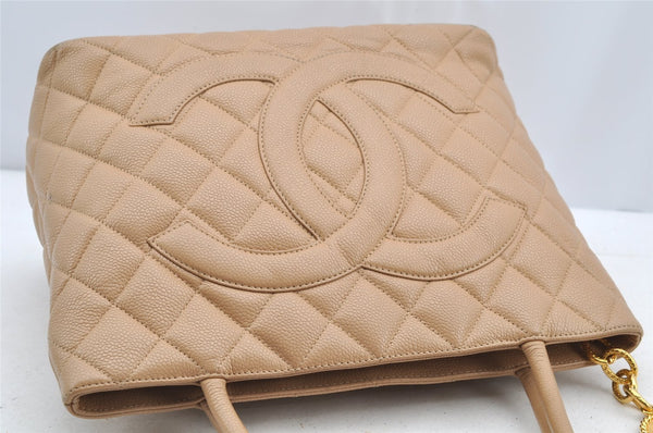 Authentic CHANEL Caviar Skin Medallion CC Logo Shoulder Tote Bag Beige 4639I