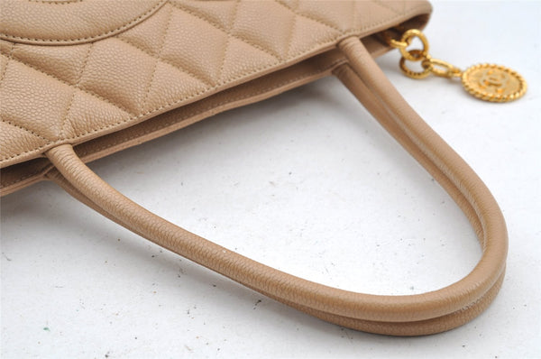 Authentic CHANEL Caviar Skin Medallion CC Logo Shoulder Tote Bag Beige 4639I