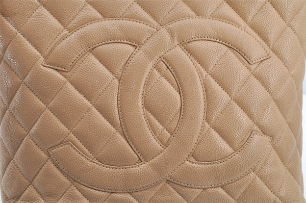 Authentic CHANEL Caviar Skin Medallion CC Logo Shoulder Tote Bag Beige 4639I