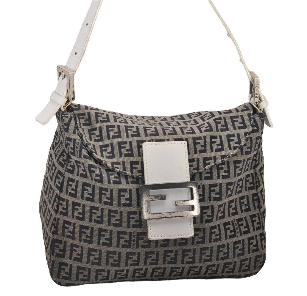 Authentic FENDI Zucchino Mamma Baguette Shoulder Bag Canvas Leather Navy 4640I