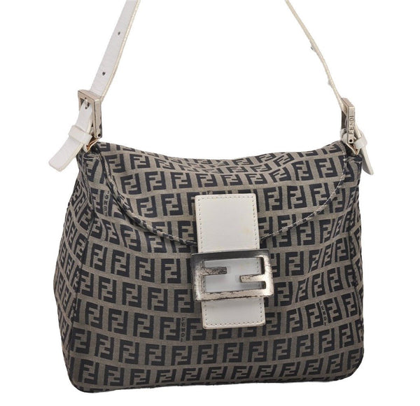 Authentic FENDI Zucchino Mamma Baguette Shoulder Bag Canvas Leather Navy 4640I