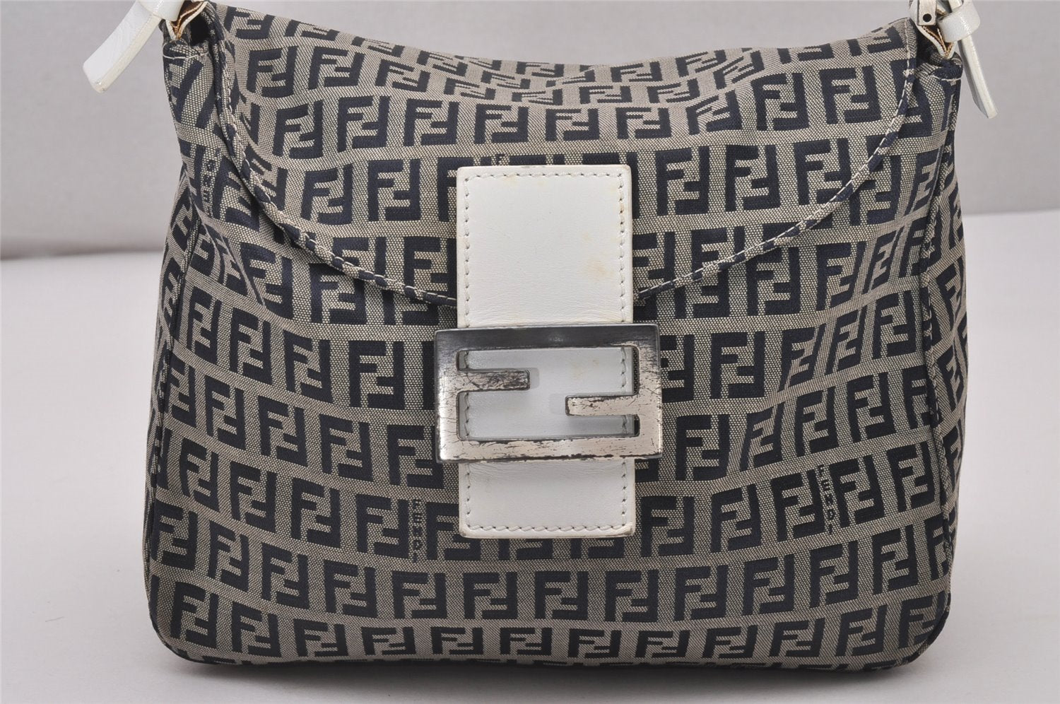 Authentic FENDI Zucchino Mamma Baguette Shoulder Bag Canvas Leather Navy 4640I