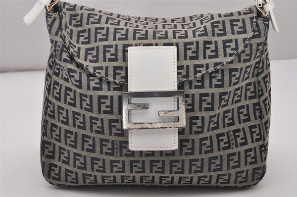 Authentic FENDI Zucchino Mamma Baguette Shoulder Bag Canvas Leather Navy 4640I
