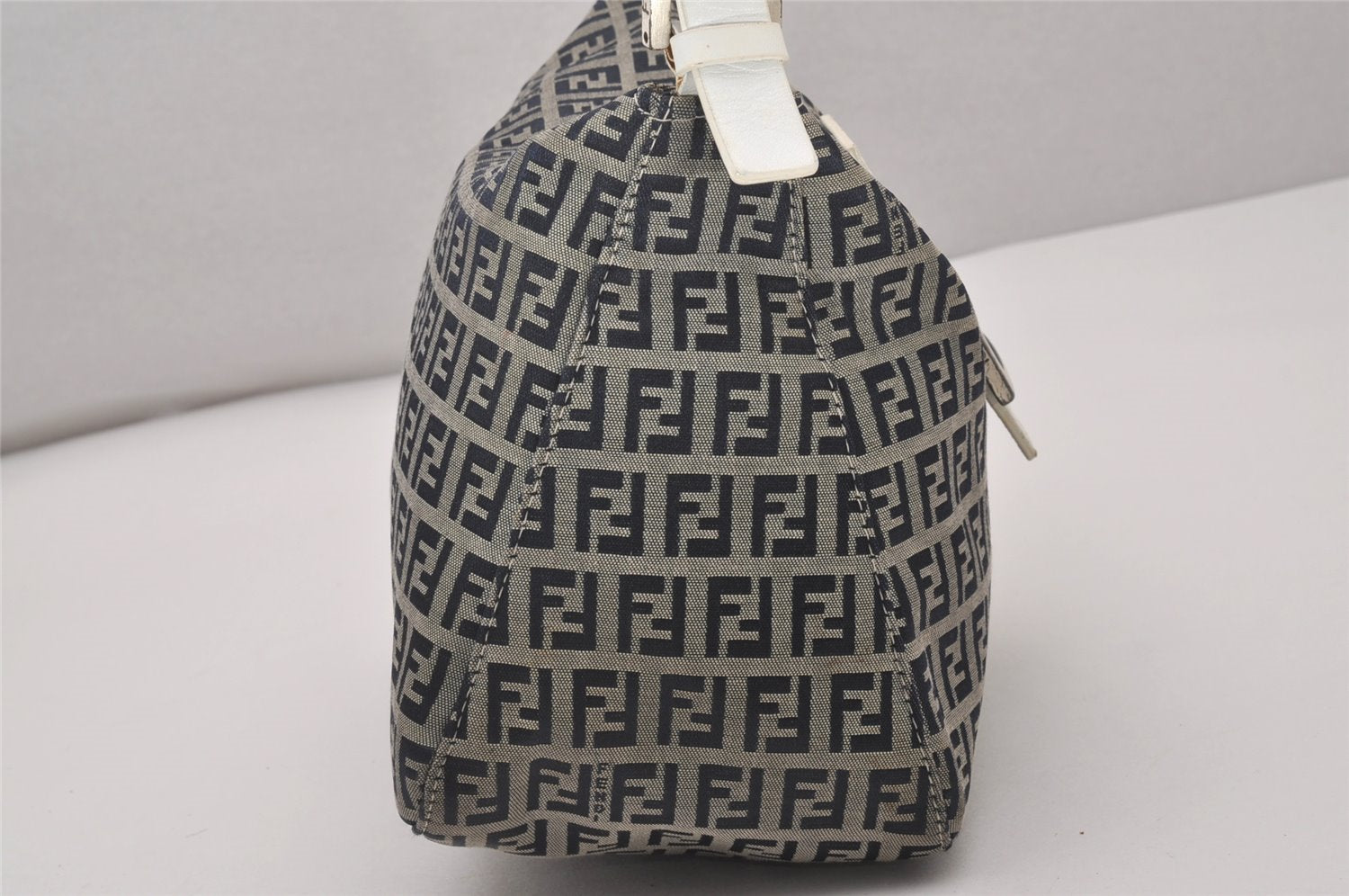 Authentic FENDI Zucchino Mamma Baguette Shoulder Bag Canvas Leather Navy 4640I