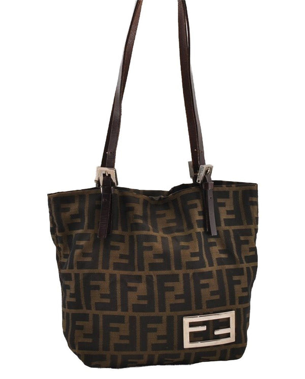 Authentic FENDI Vintage Zucca Shoulder Hand Bag Purse Nylon Leather Brown 4647I