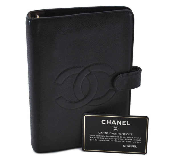 Authentic CHANEL Caviar Skin CoCo Mark Organizer Cover Black 4657C